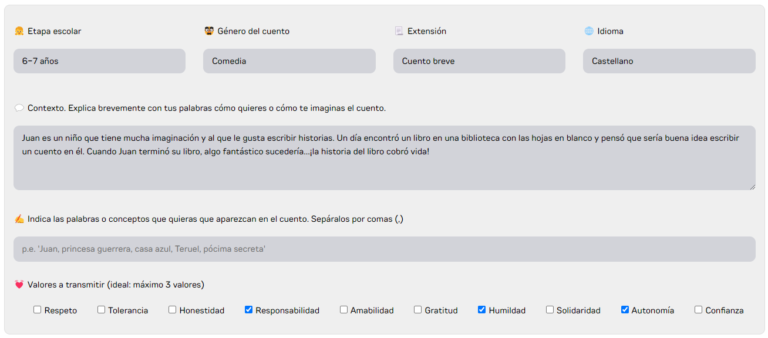 Captura del generador de Cuentos a la carta